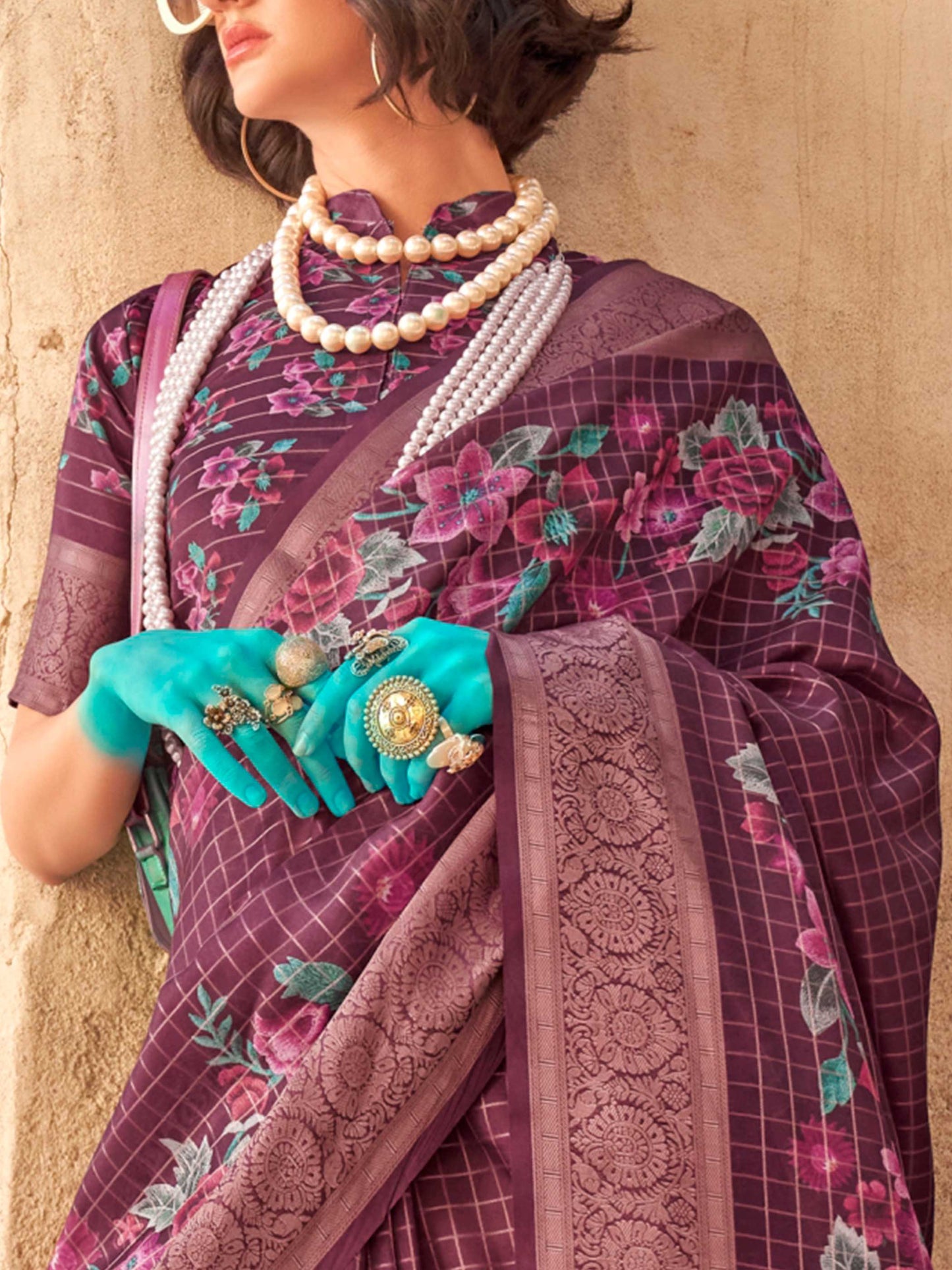 Purple FeatherSoft Saree with Woven Checks and Printed Floral Motifs