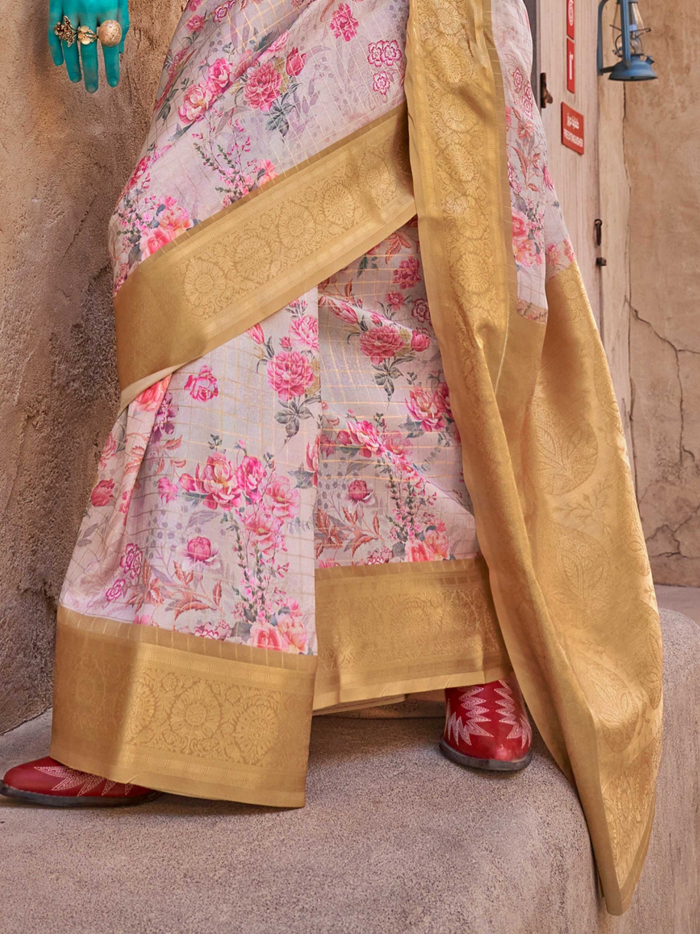 White FeatherSoft Saree with Woven Checks and Printed Floral Motifs