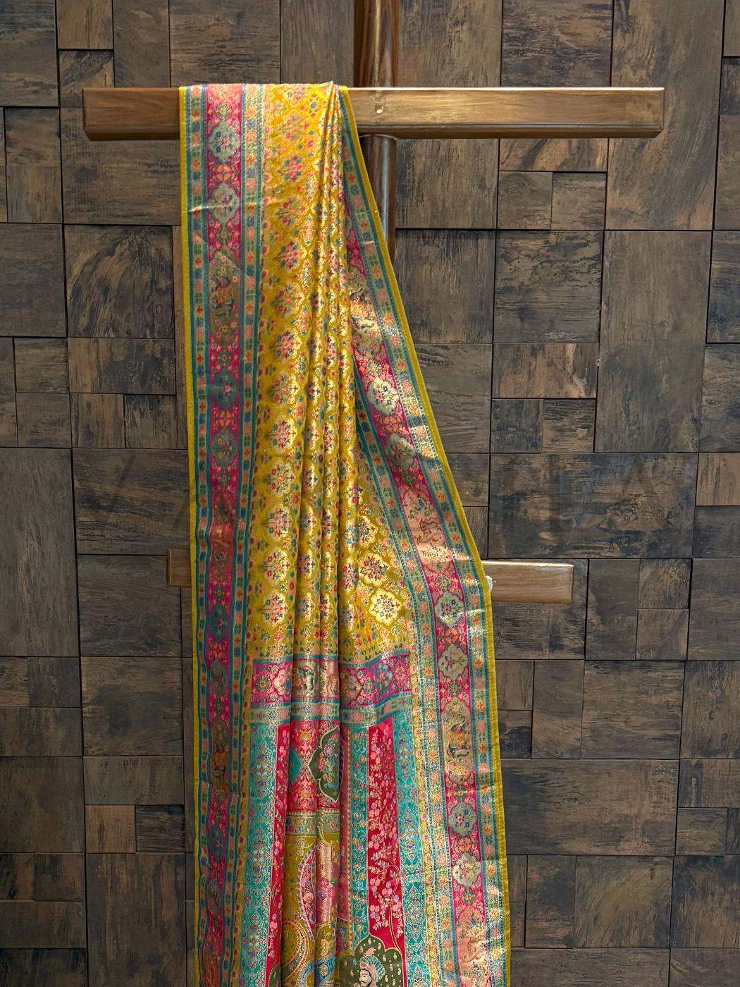 Mustard Yellow Viscose Katan Silk Saree with Zari Floral Buttis Mustard Satin Blouse