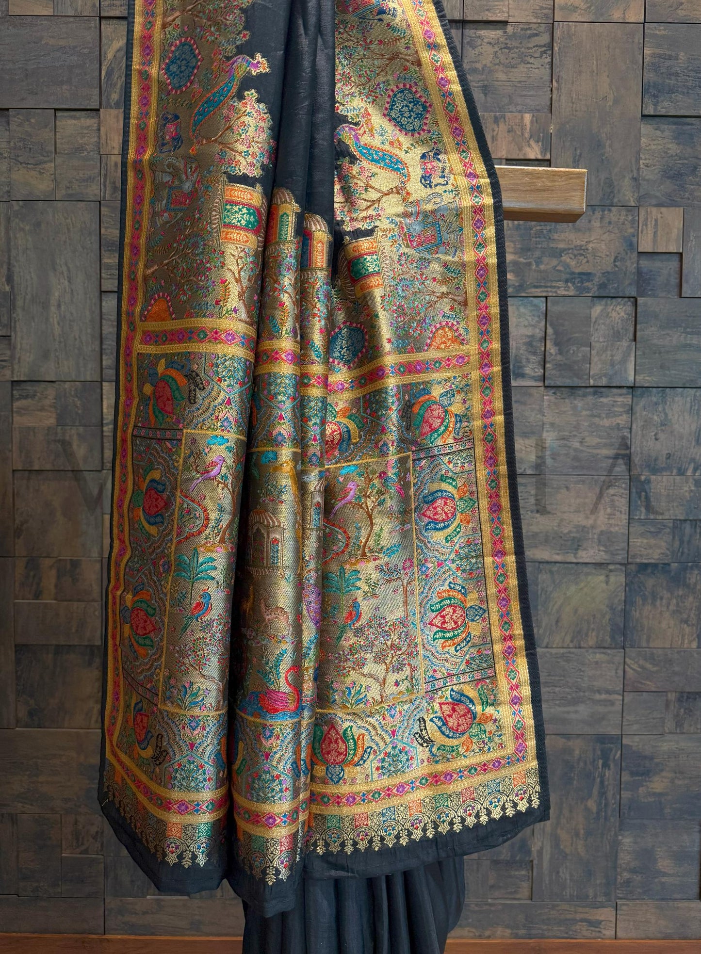 Black Viscose Katan Silk Saree with Zari Jungle Motifs