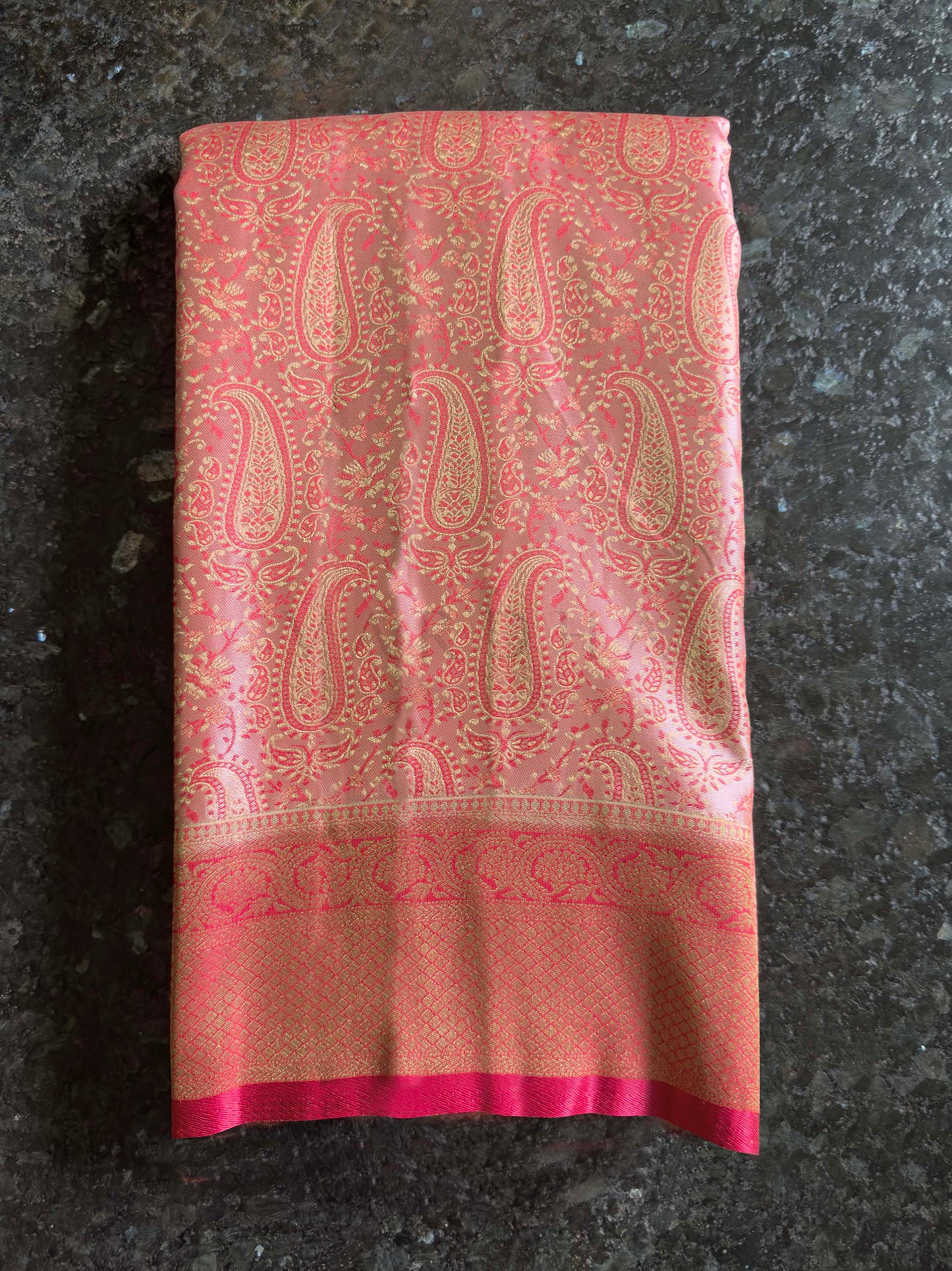 Peach-Pink Tanchoi Satin Silk Saree with Zari Work