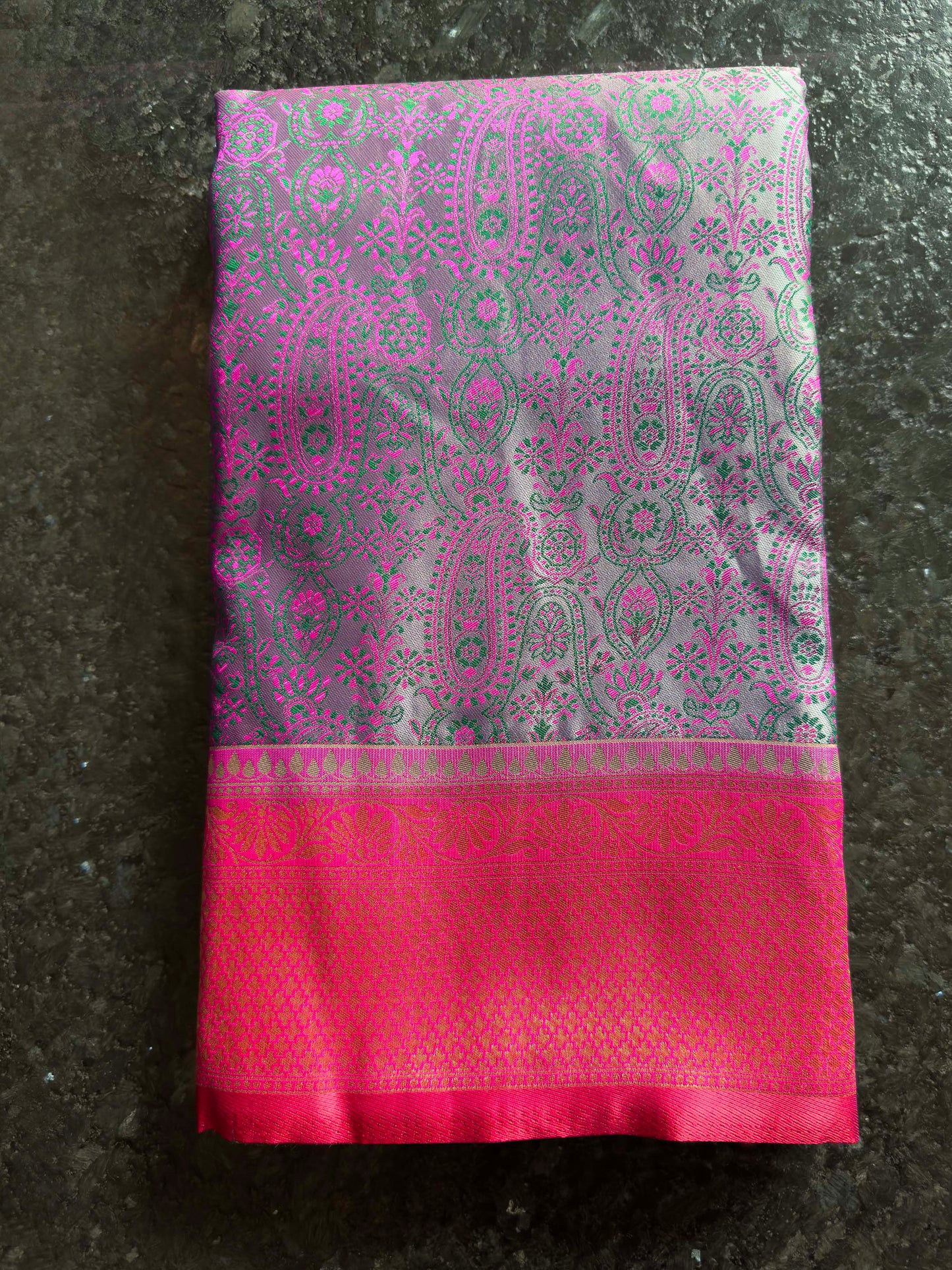 Grey-Pink Tanchoi Satin Silk Saree with Zari Border