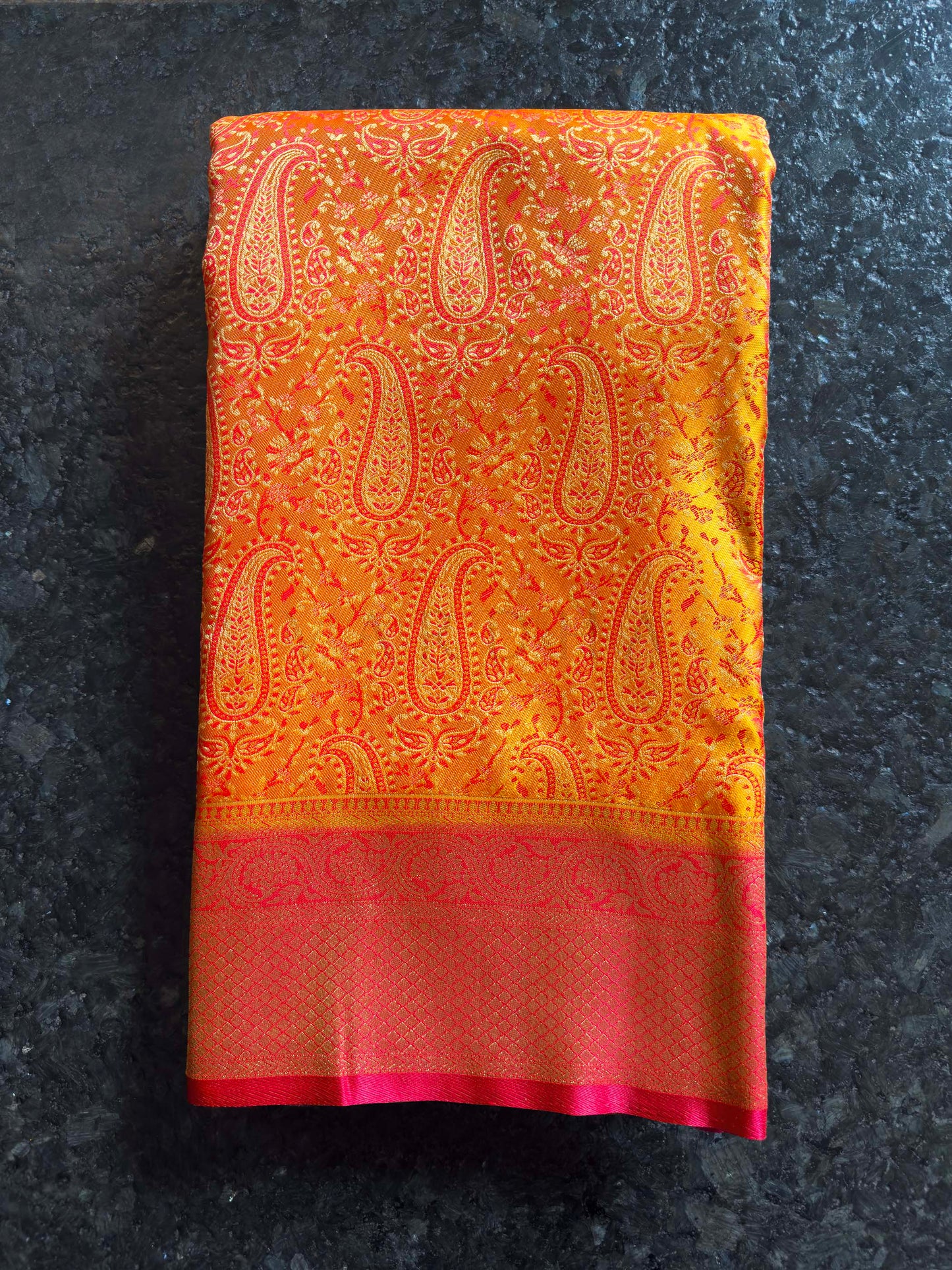 Ochre Yellow-Pink Tanchoi Satin Silk Saree with Zari Work