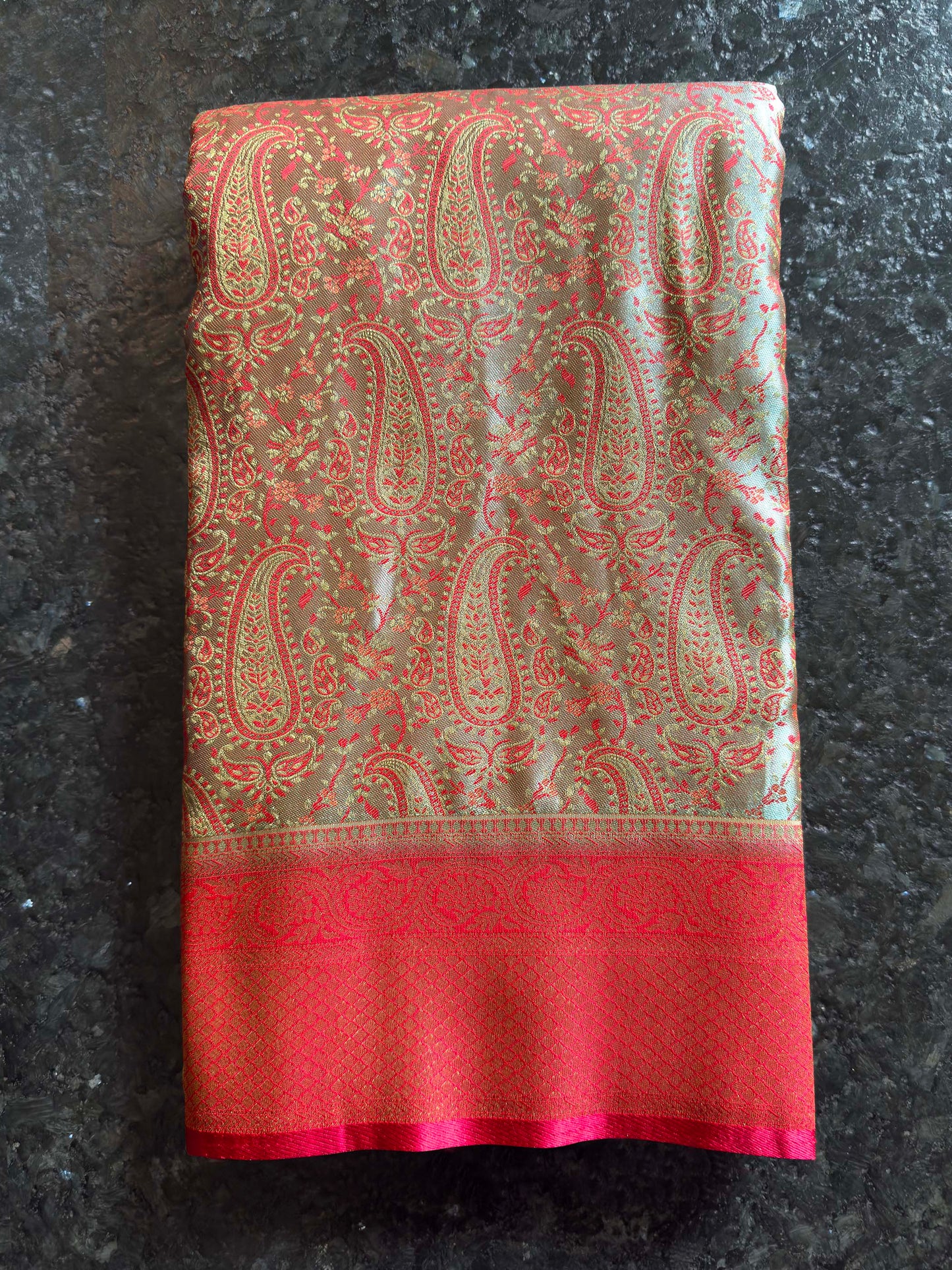 Olive Grey-Red Tanchoi Satin Silk Saree with Zari Work