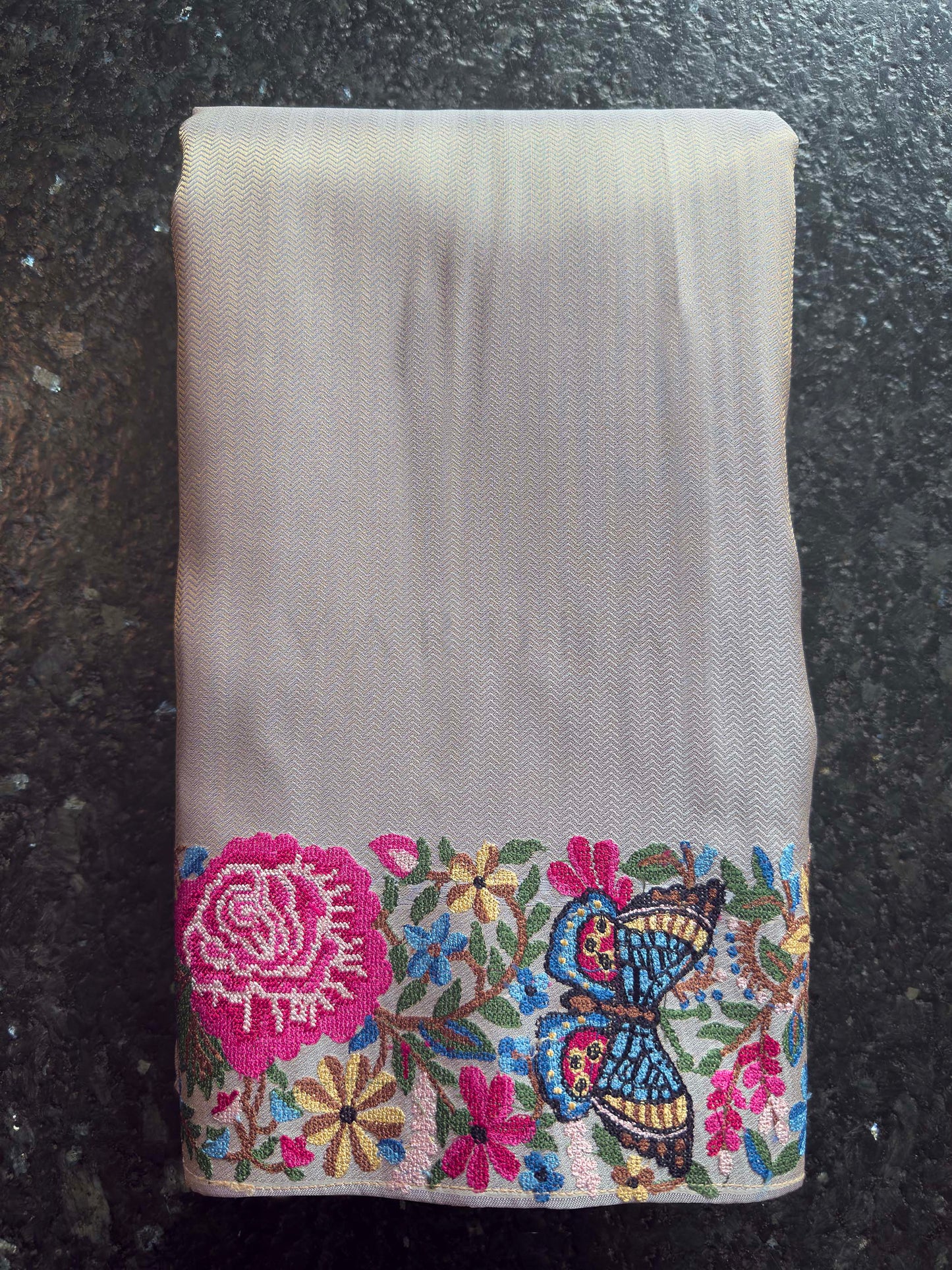 Lavender Grey Tissue Kanjivaram Silk Saree with Parsi Gara Embroidery