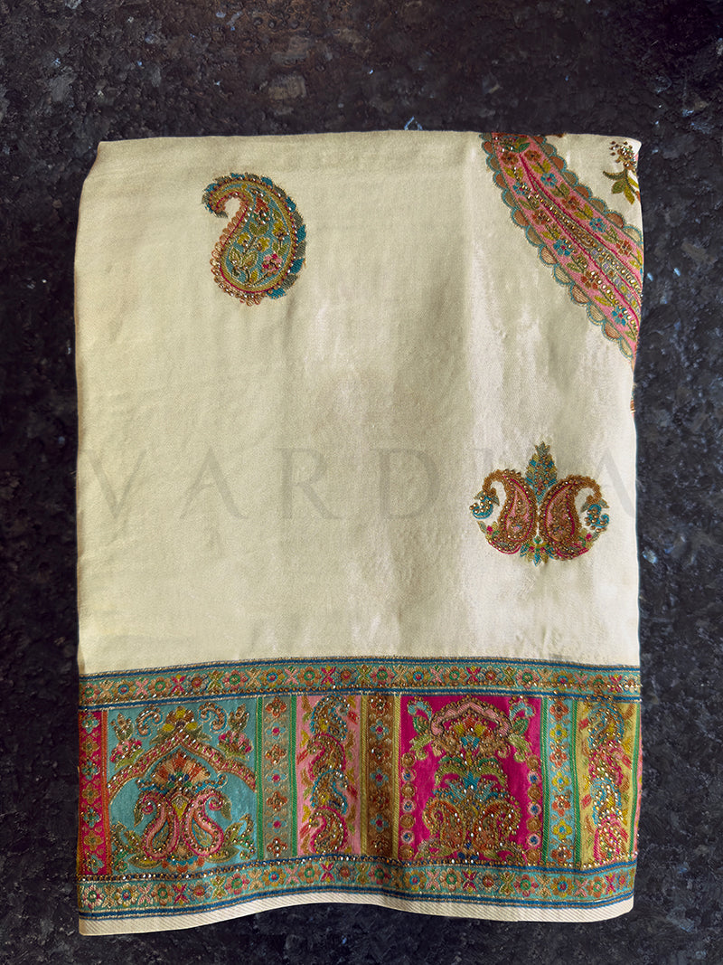 Cream Viscose Silk Saree | Kashmiri Jamawar with Zarkan Work
