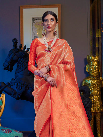 Tangerine Orange Kanjivaram Silk Saree with Woven Zari Work