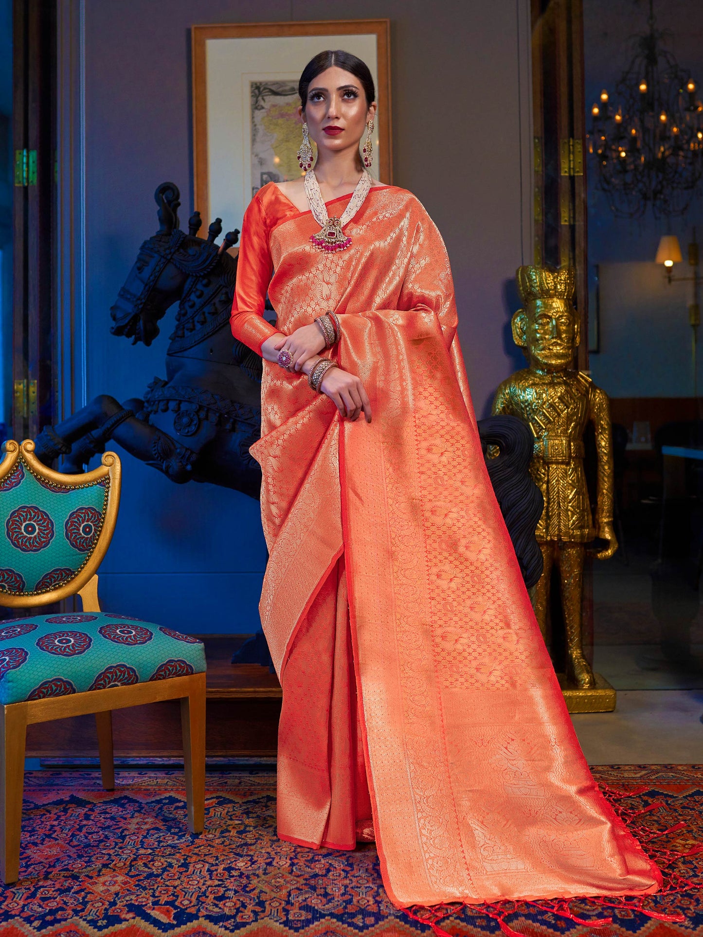 Tangerine Orange Kanjivaram Silk Saree with Woven Zari Work