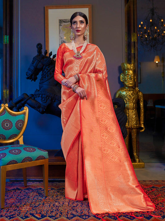 Tangerine Orange Kanjivaram Silk Saree with Woven Zari Work