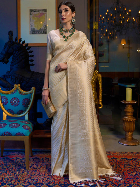 Ivory Kanjivaram Silk Saree with Woven Zari Work
