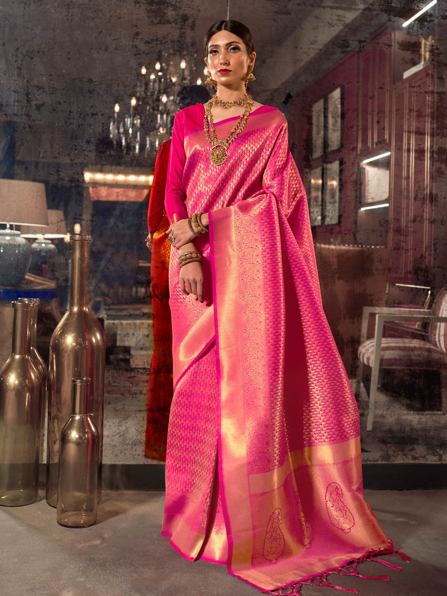 Rani Pink Kanjivaram Silk Saree with Woven Zari Work