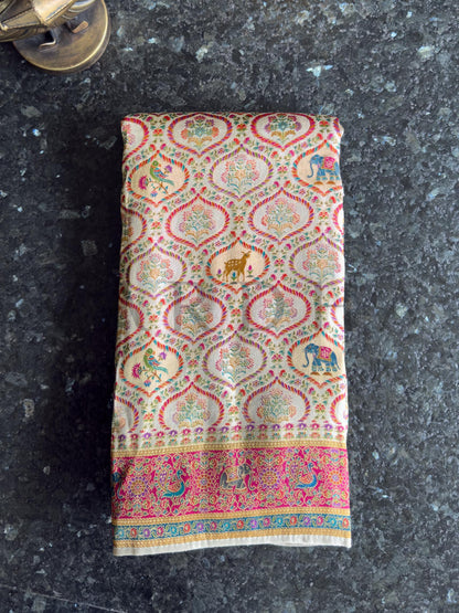 Off-White Viscose Katan Silk Saree with Pink Pallu