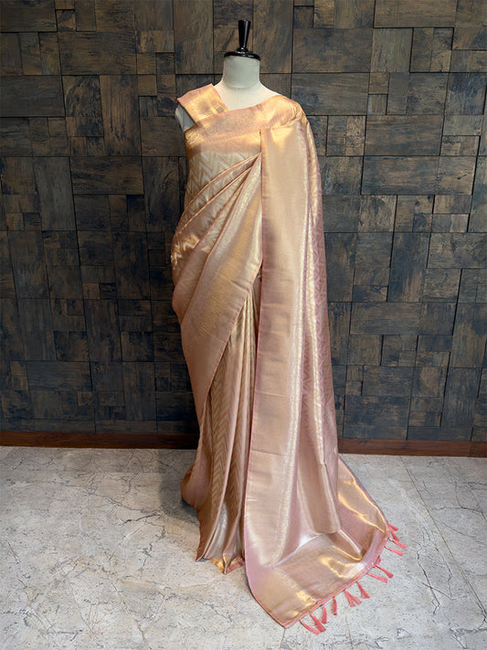 Pastel Peach Kanjivaram Tissue Silk Saree with Gold Zari Weave
