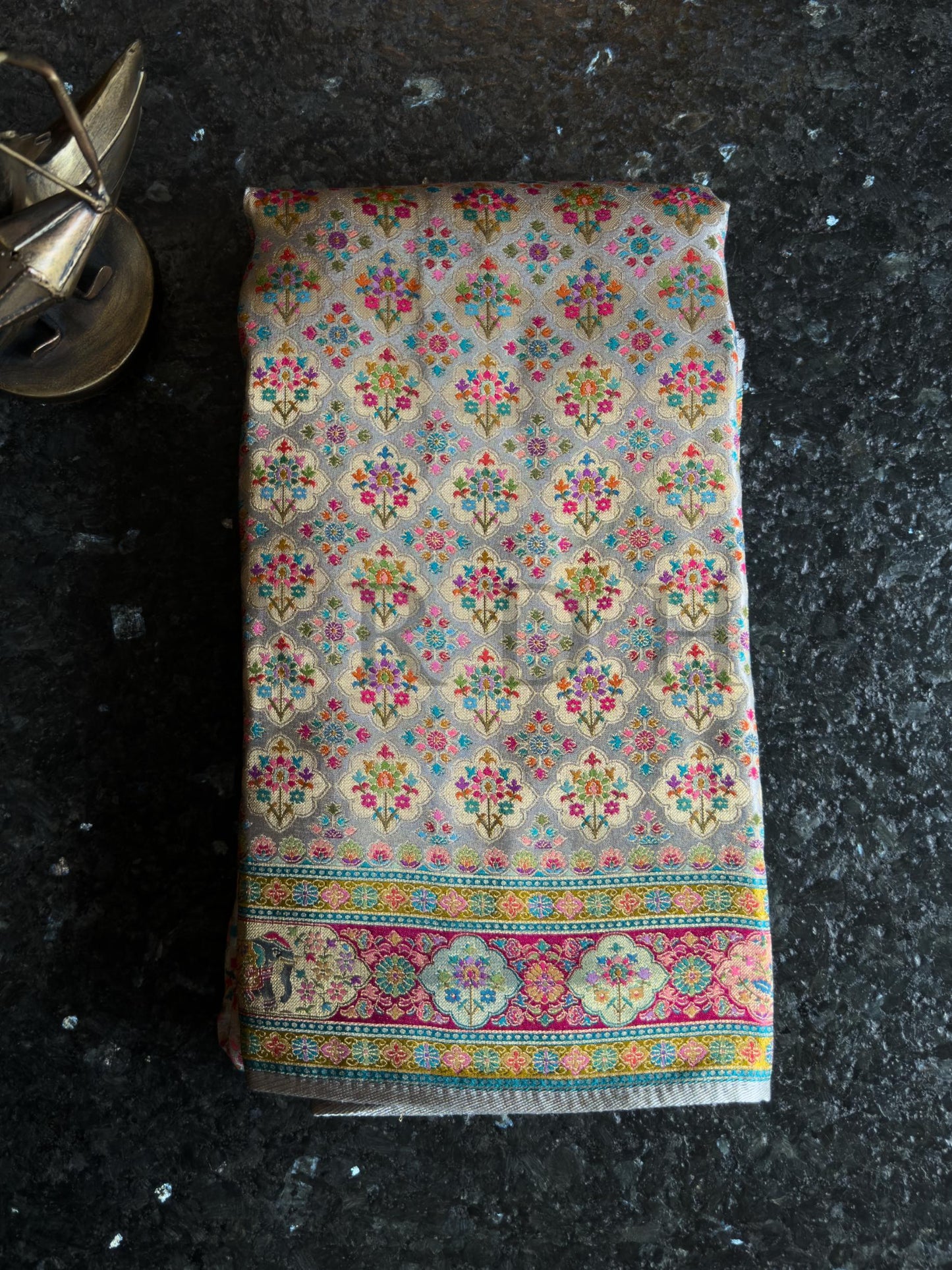 Grey Viscose Katan Silk Saree with Zari Floral Buttis Pink Satin Blouse