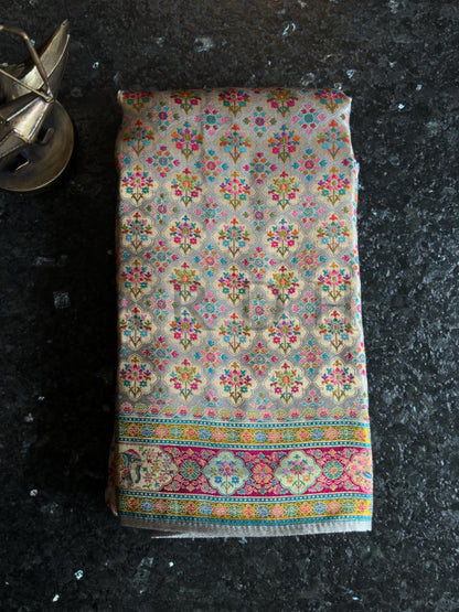 Grey Viscose Katan Silk Saree with Zari Floral Buttis Pink Satin Blouse