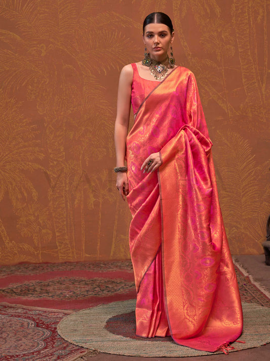 Coral Orange Kanjivaram Silk Saree with Woven Zari Work