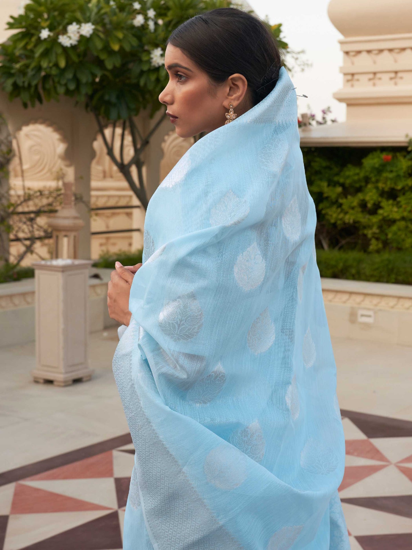 Blue Linen Saree with Woven Floral Design