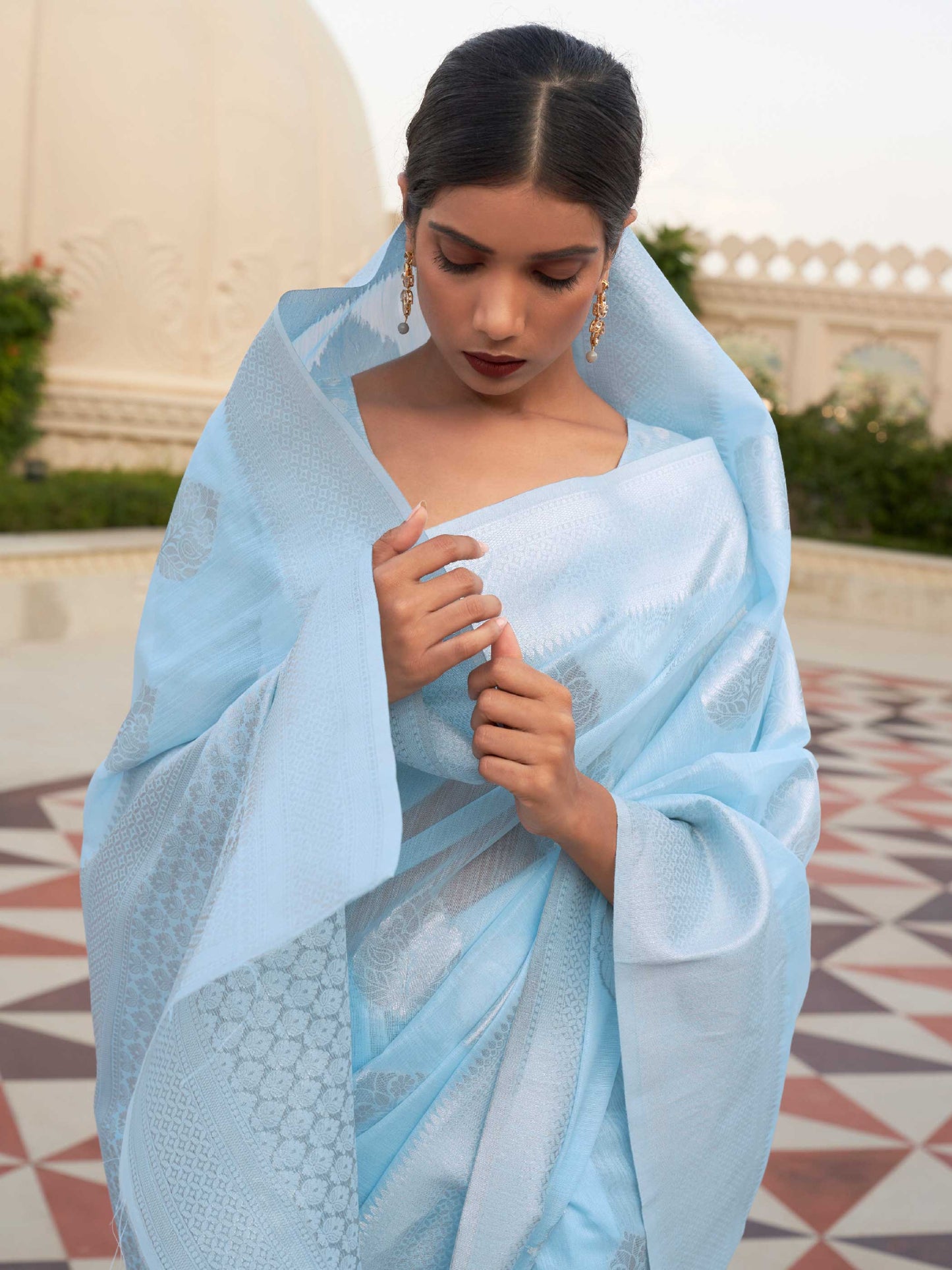 Blue Linen Saree with Woven Floral Design