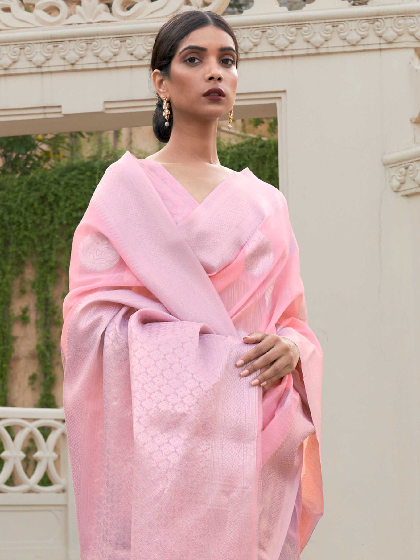 Pink Linen Saree with Woven Floral Design