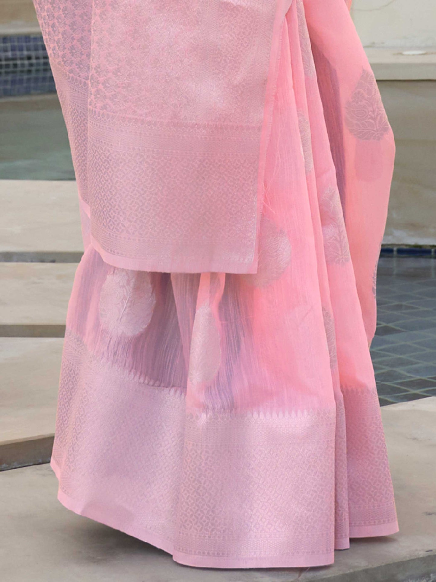 Pink Linen Saree with Woven Floral Design