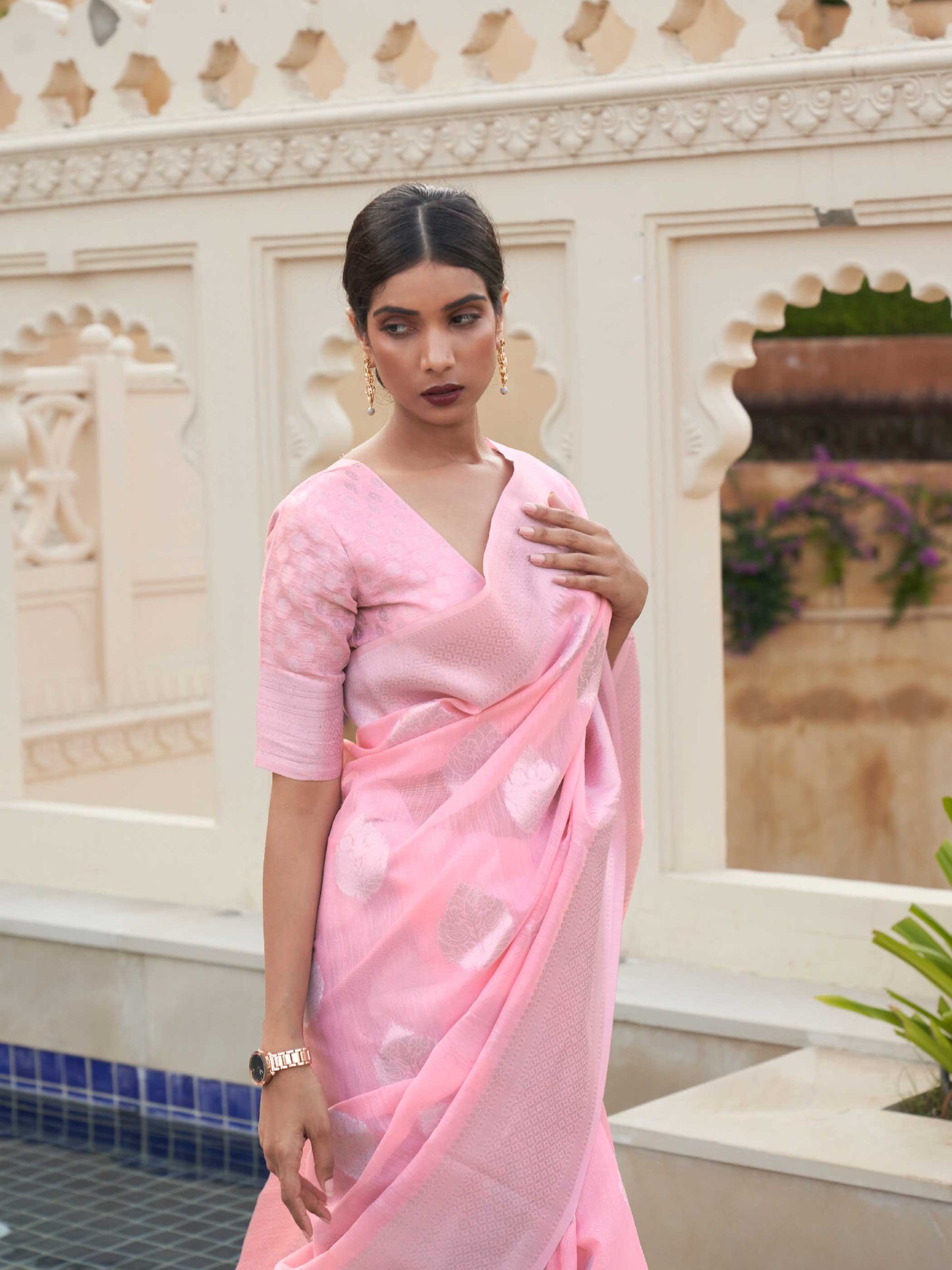 Pink Linen Saree with Woven Floral Design
