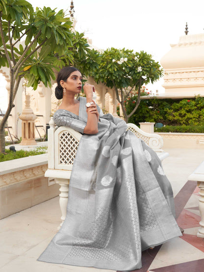 Grey Linen Saree with Woven Floral Design
