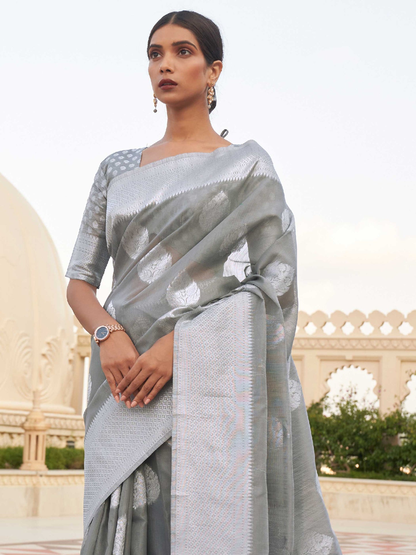 Grey Linen Saree with Woven Floral Design