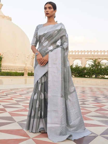 Grey Linen Saree with Woven Floral Design