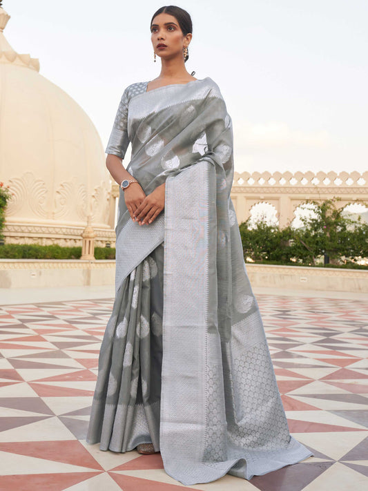 Grey Linen Saree with Woven Floral Design
