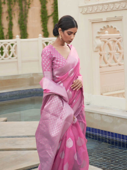 Pink Linen Saree with Woven Floral Design