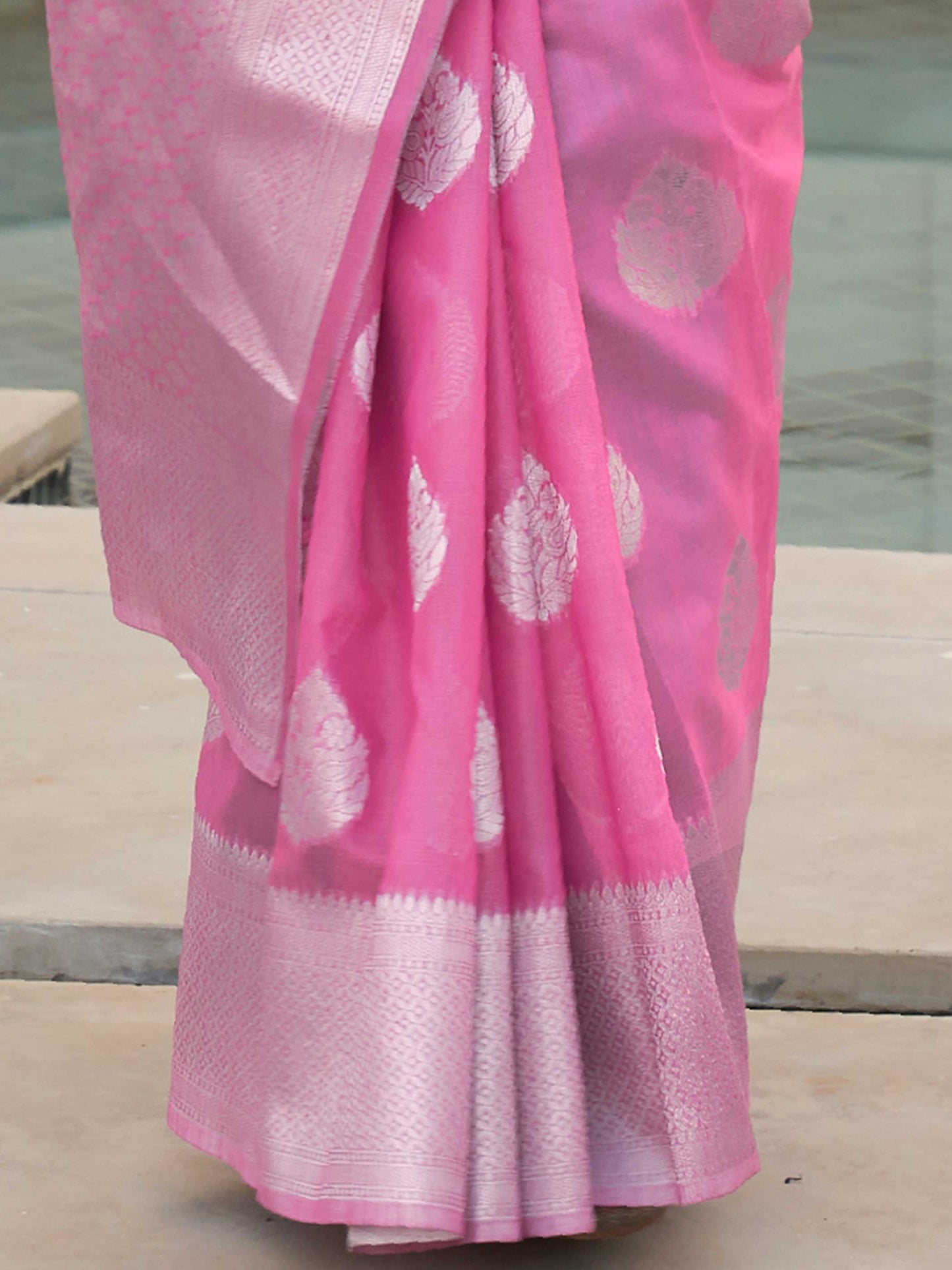 Pink Linen Saree with Woven Floral Design