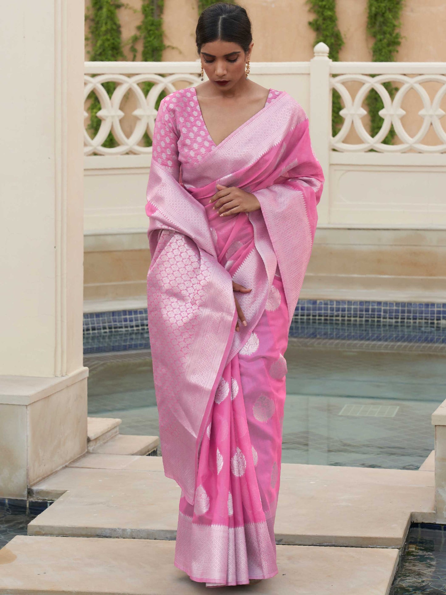 Pink Linen Saree with Woven Floral Design