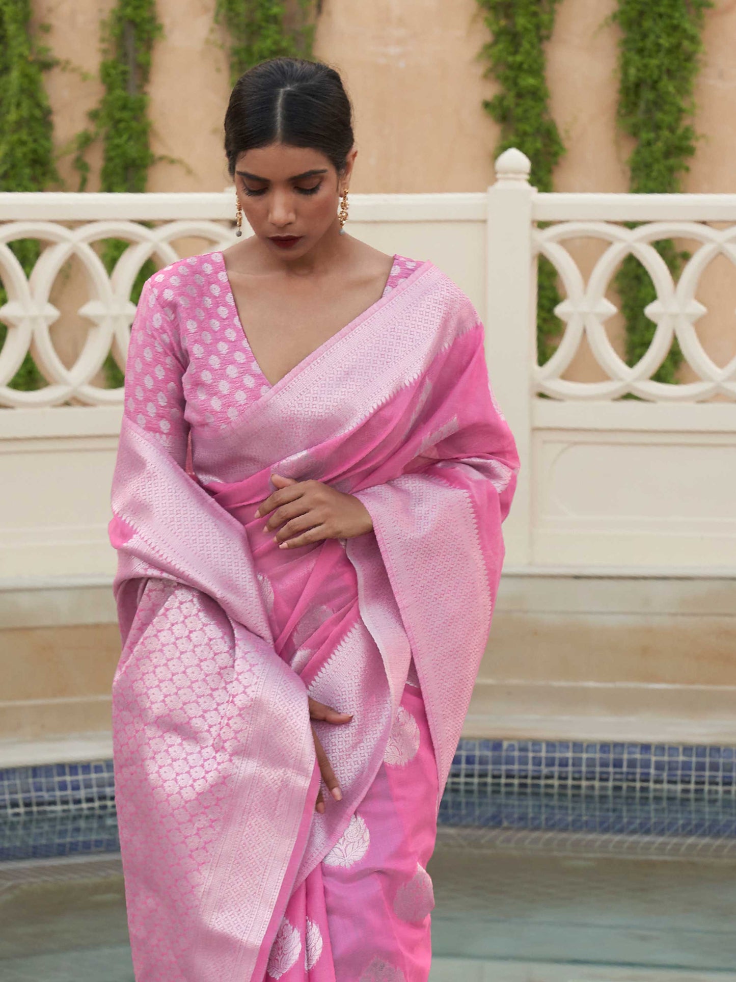 Pink Linen Saree with Woven Floral Design