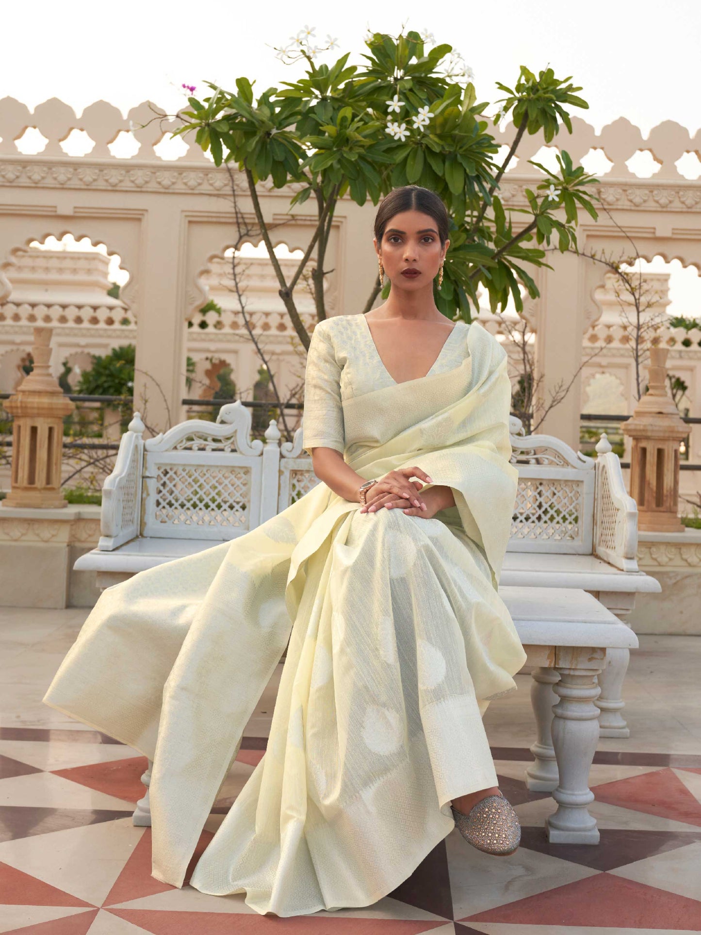 White Linen Saree with Woven Floral Design