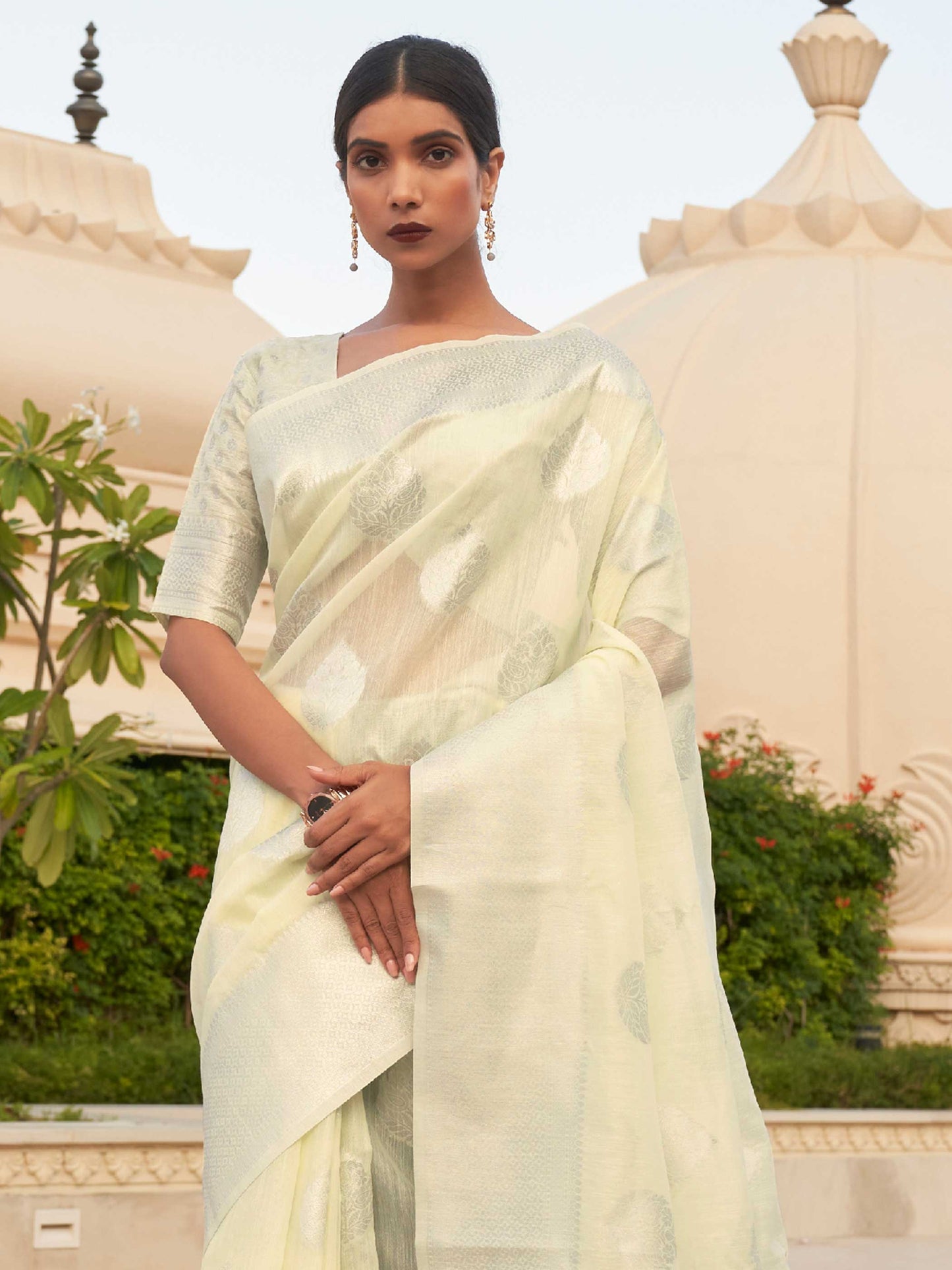 White Linen Saree with Woven Floral Design