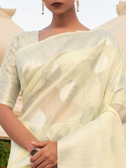 White Linen Saree with Woven Floral Design