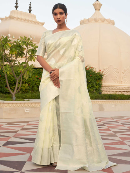 White Linen Saree with Woven Floral Design