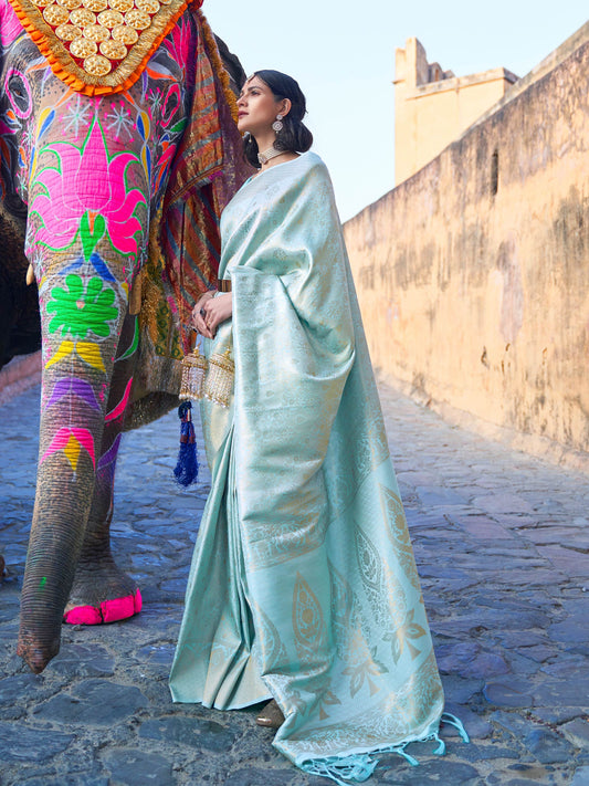 Sky Blue Kanjivaram Silk Saree with Woven Zari Work