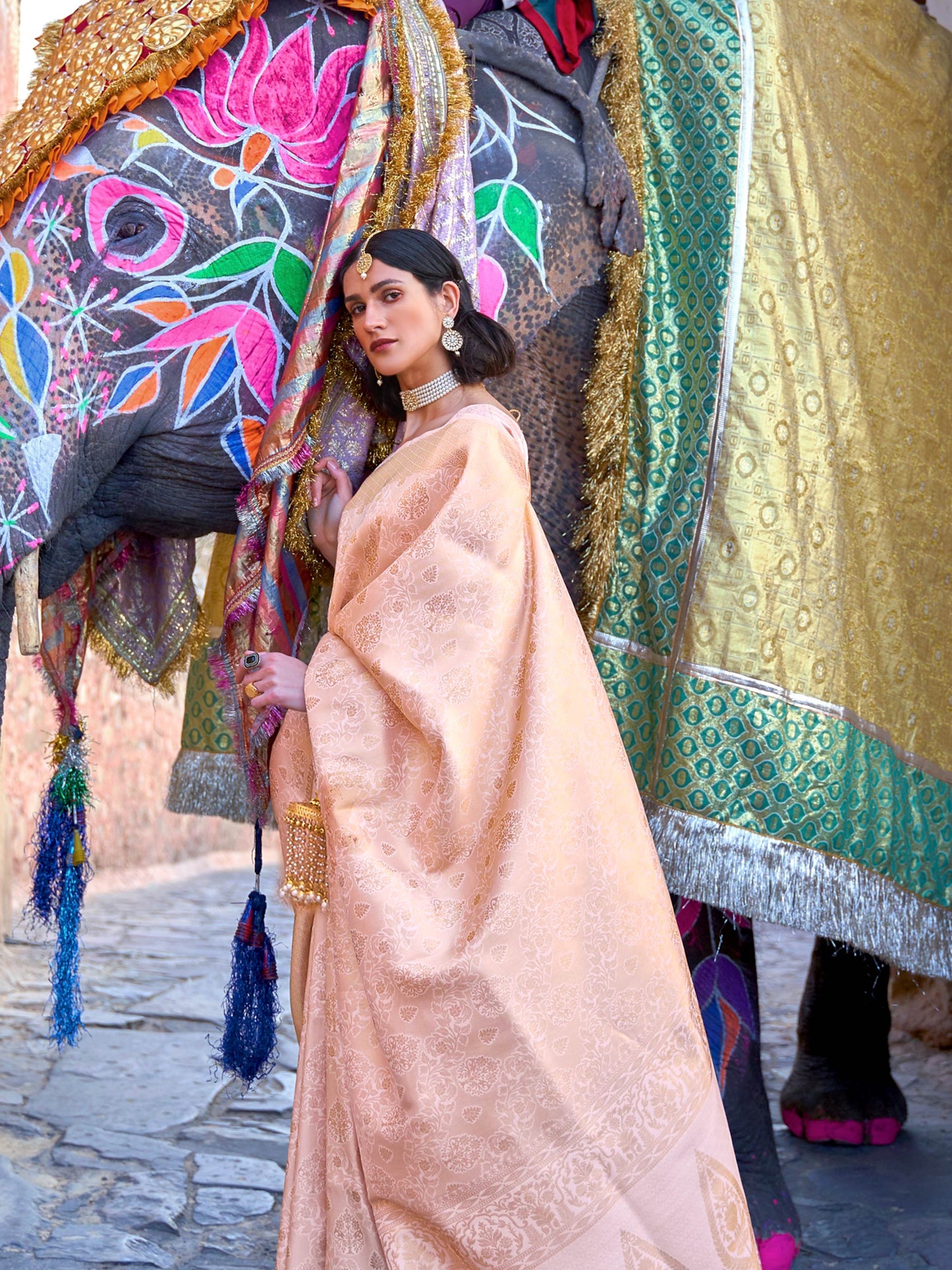 Peach Kanjivaram Silk Saree with Woven Zari Work