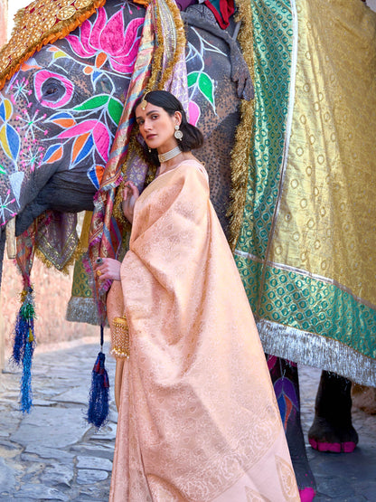 Peach Kanjivaram Silk Saree with Woven Zari Work