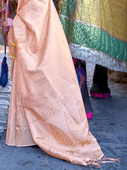 Peach Kanjivaram Silk Saree with Woven Zari Work