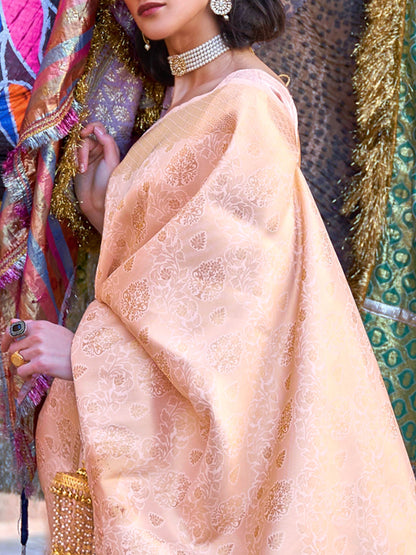 Peach Kanjivaram Silk Saree with Woven Zari Work