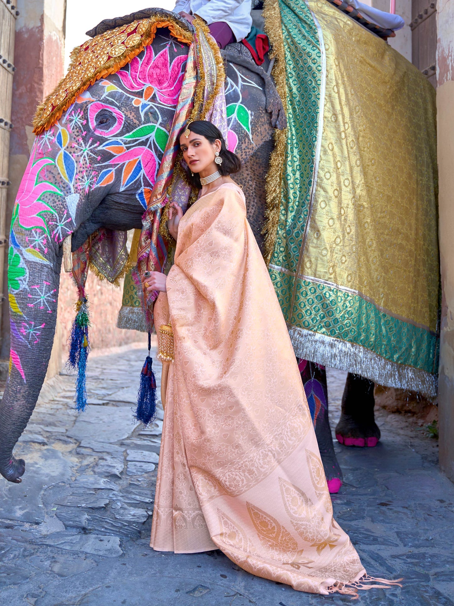 Peach Kanjivaram Silk Saree with Woven Zari Work