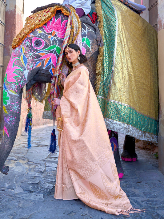 Peach Kanjivaram Silk Saree with Woven Zari Work
