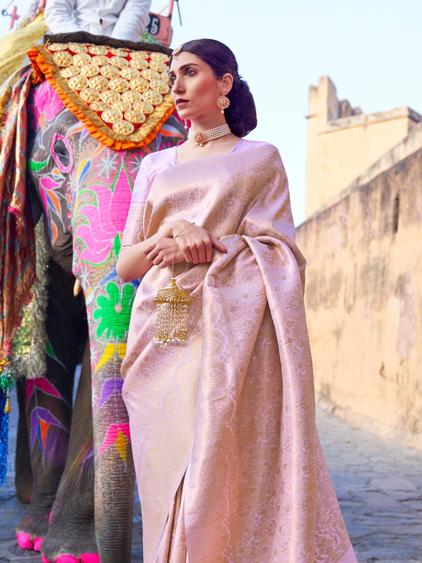 Baby Pink Kanjivaram Silk Saree with Woven Zari Work