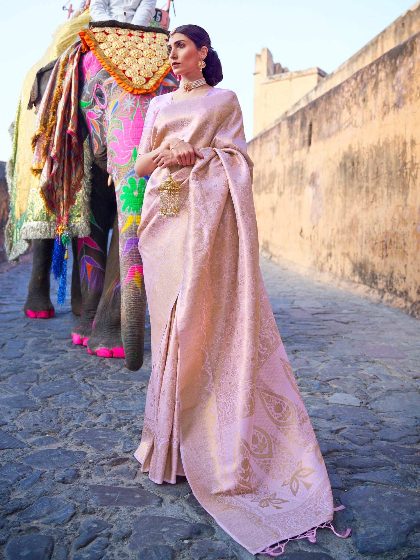 Baby Pink Kanjivaram Silk Saree with Woven Zari Work