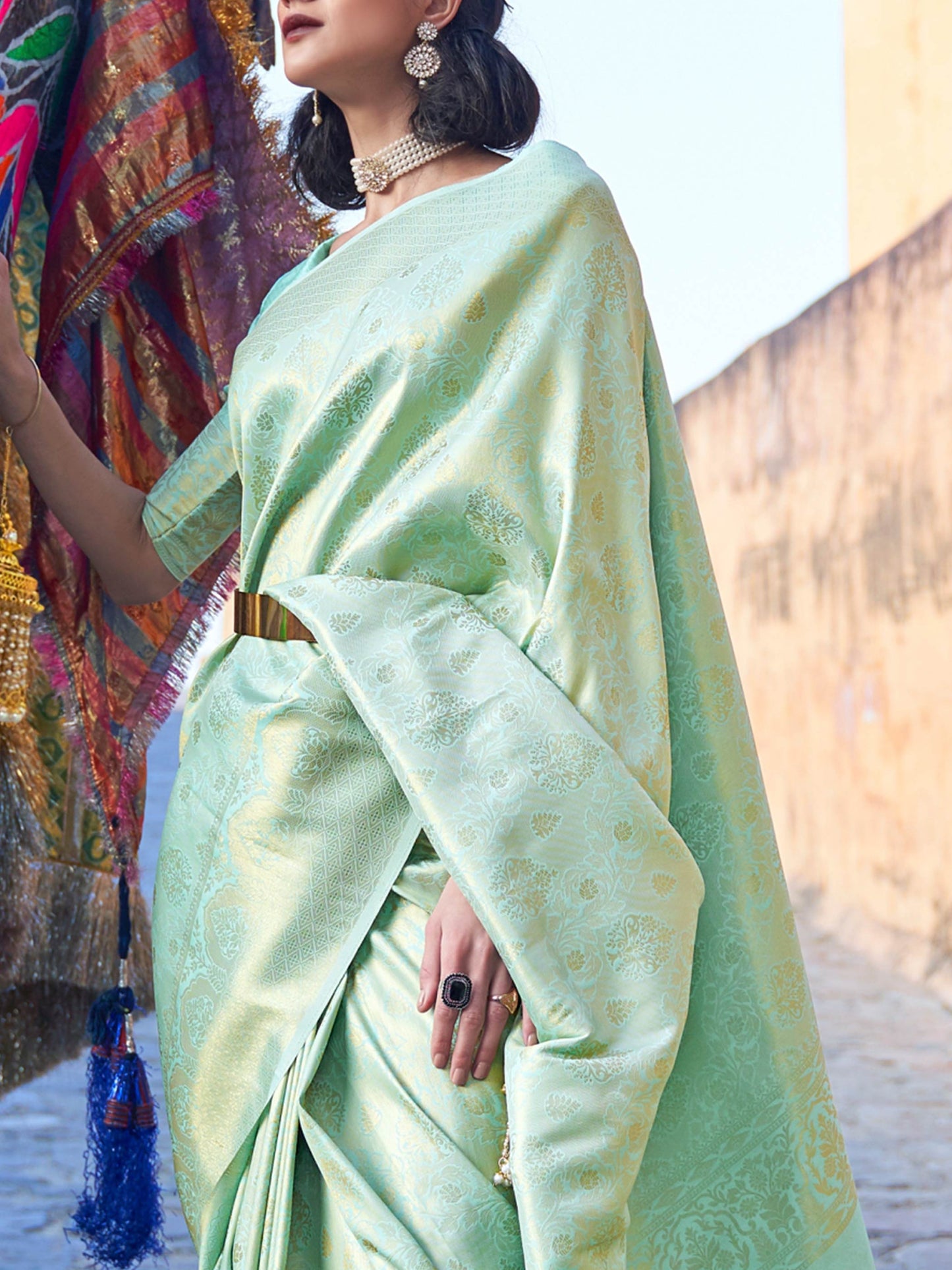 Pastel Green Kanjivaram Silk Saree with Woven Zari Work