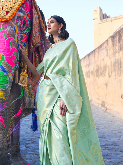 Pastel Green Kanjivaram Silk Saree with Woven Zari Work