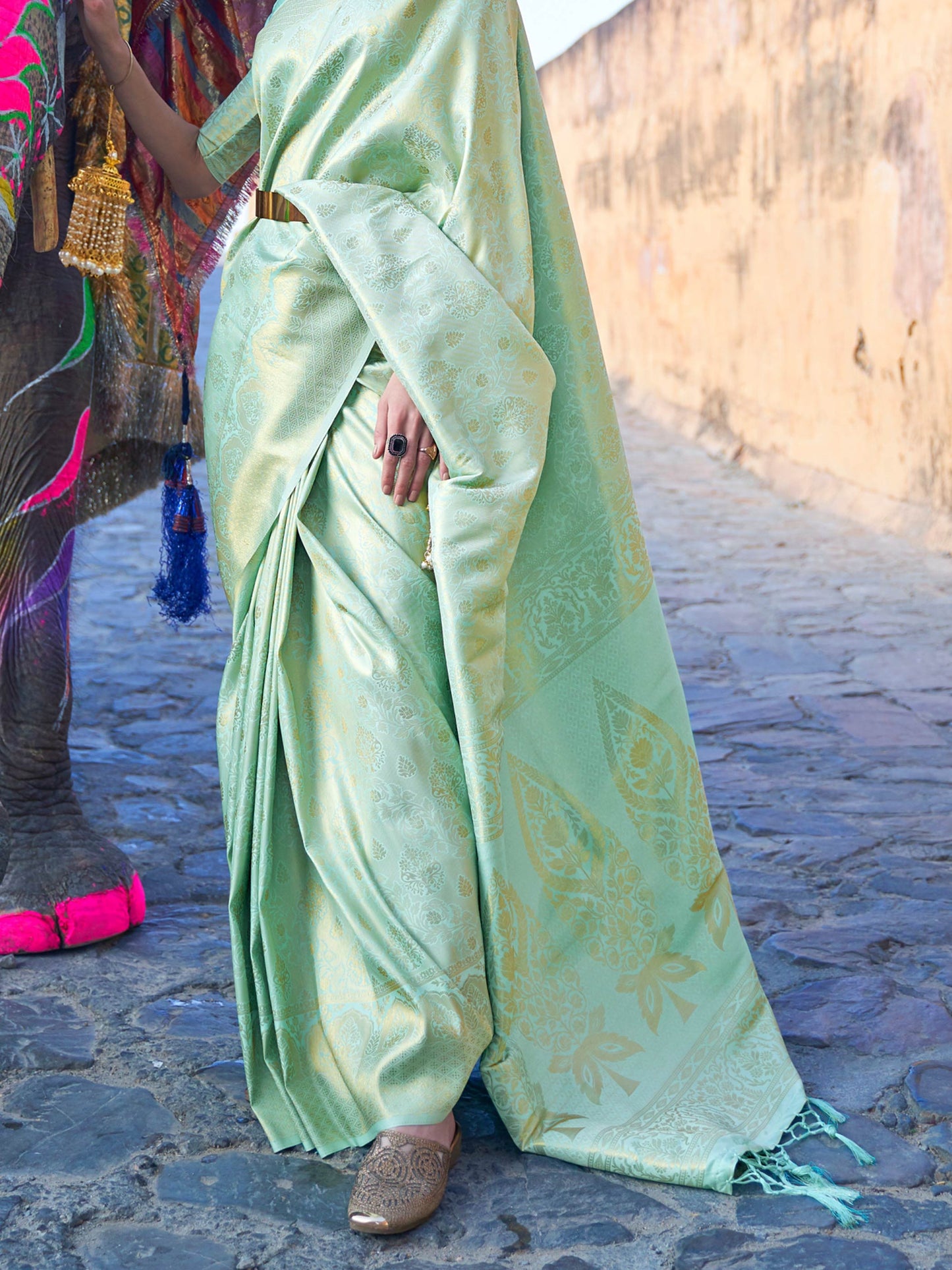 Pastel Green Kanjivaram Silk Saree with Woven Zari Work