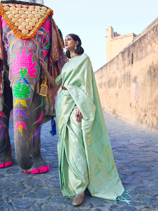 Pastel Green Kanjivaram Silk Saree with Woven Zari Work